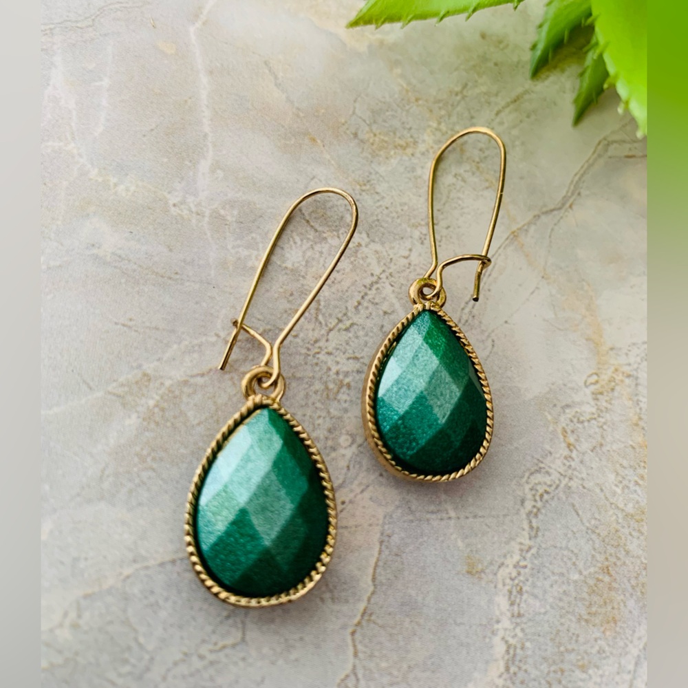 Faceted Green Teardrop Earrings Shepherds hook